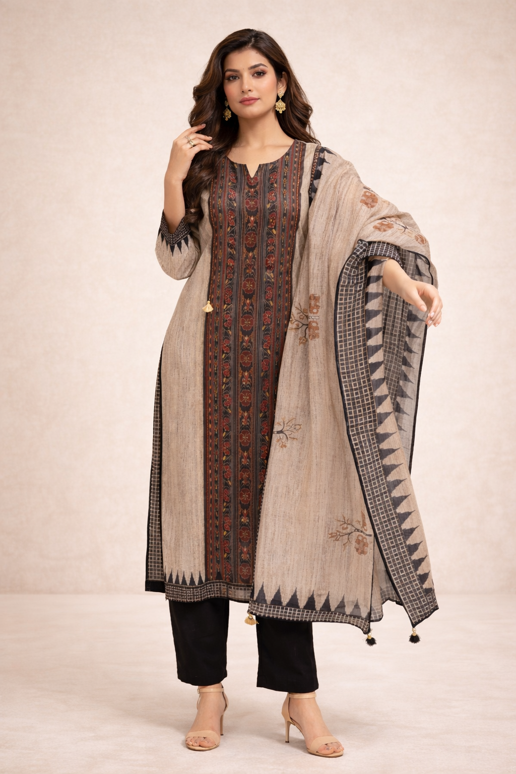 Beige Printed Kurta Set with Black Pants & Dupatta